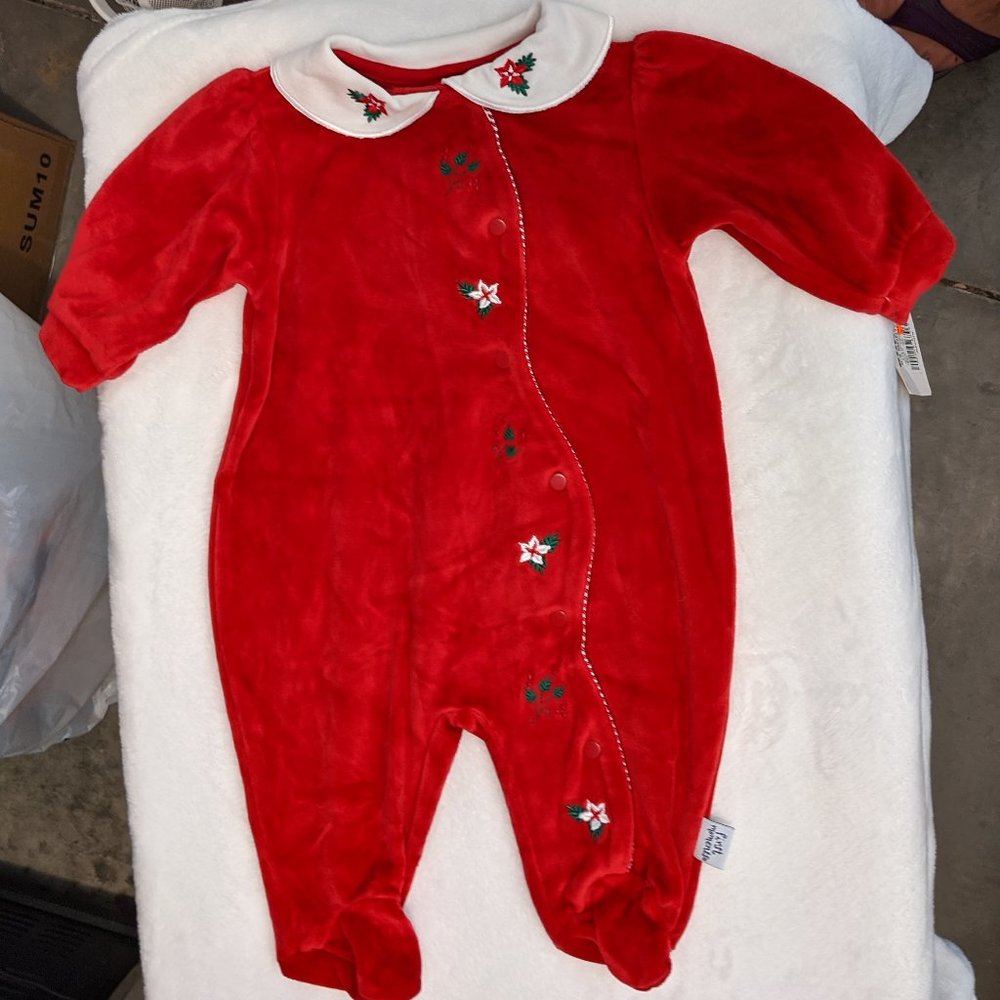 Festive Holiday Christmas Red Velour Baby Onesie  0-3 Months - Picture Perfect